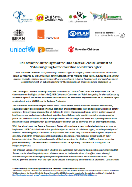 UN Committee on the Rights of the Child adopts a General Comment on ‘Public budgeting for the realization of children’s rights’ UN Committee on the Rights of the Child adopts a General Comment on ‘Public budgeting for the realization of children’s rights’