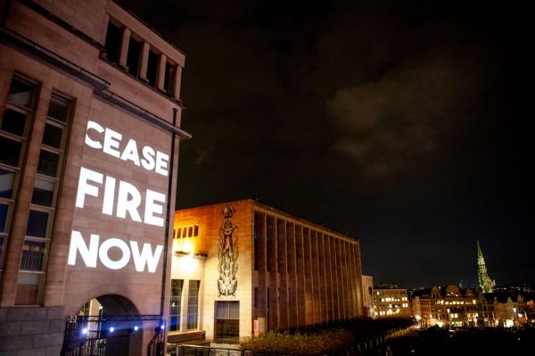 On the International Day of Solidarity with the Palestinian People a call for ceasefire was projected in Brussels